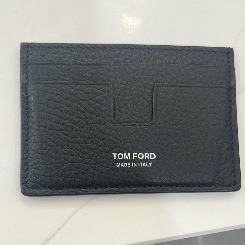 Tom Ford Black Pebbled Leather Card Holder with Silver Logo